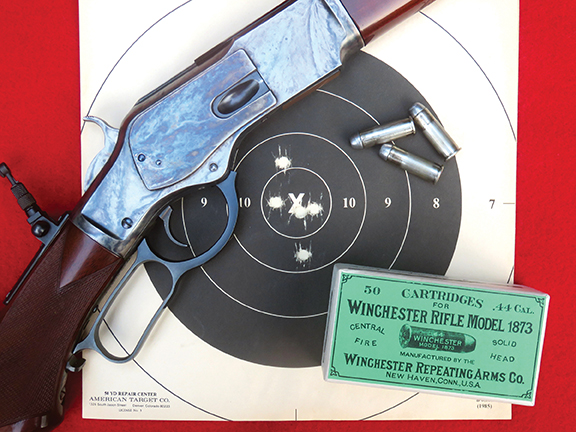 This 50-yard group was made with the Cimarron rifle, sitting while using cross-sticks.